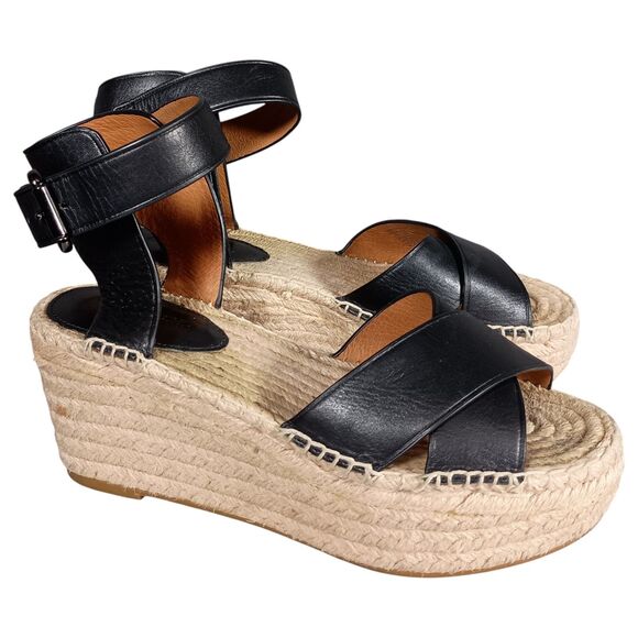 Coach Primrose Espadrille Platform Wedge Sandal Leather Black Ankle Strap 6 B - Picture 1 of 10